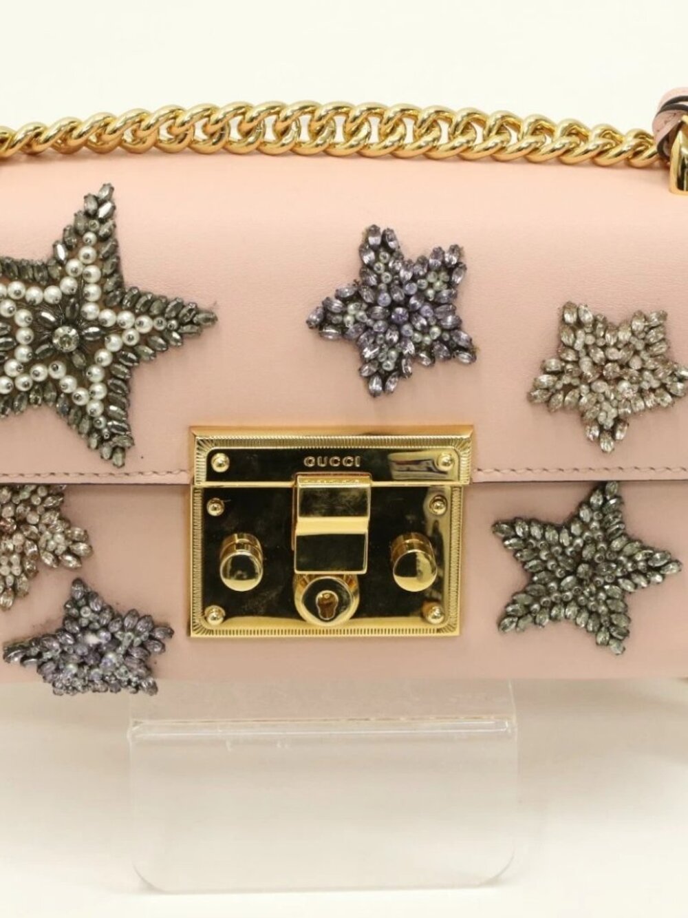 Gucci Pink Leather Crystal Star Studded Small Padlock Crossbody Bag